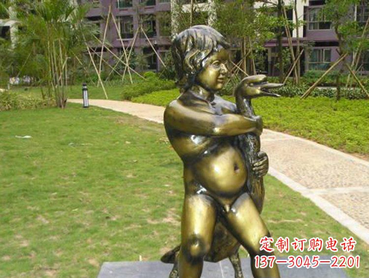 南阳抱着鹅的男孩城市玻璃钢仿铜景观雕塑