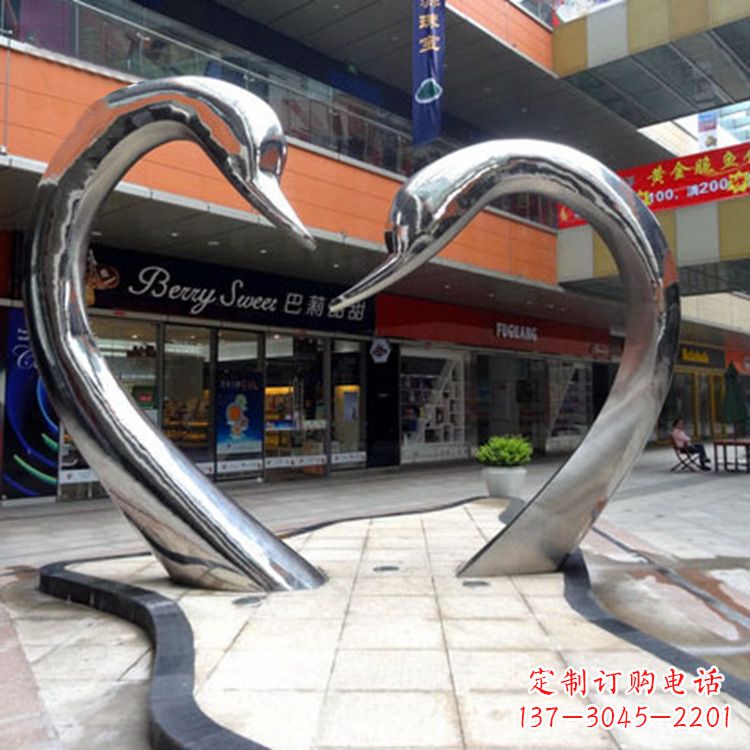 南阳不锈钢爱心天鹅情侣雕塑-大型户外广场抽象动物景观摆件心型天鹅头雕塑