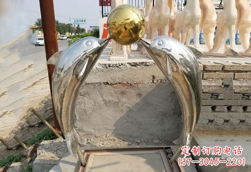 南阳不锈钢海豚顶球雕塑