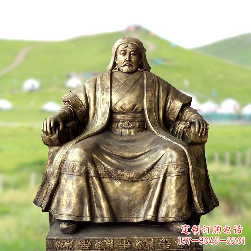 南阳成吉思汗玻璃钢雕塑-仿铜坐姿铁木真雕像