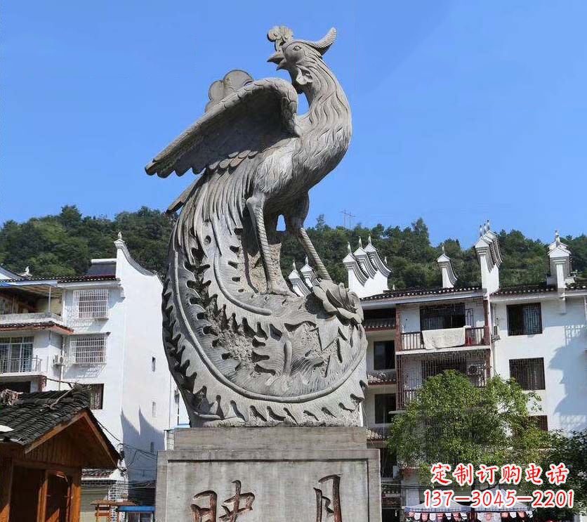 南阳城市景点凤凰石雕,青石石刻神兽雕塑