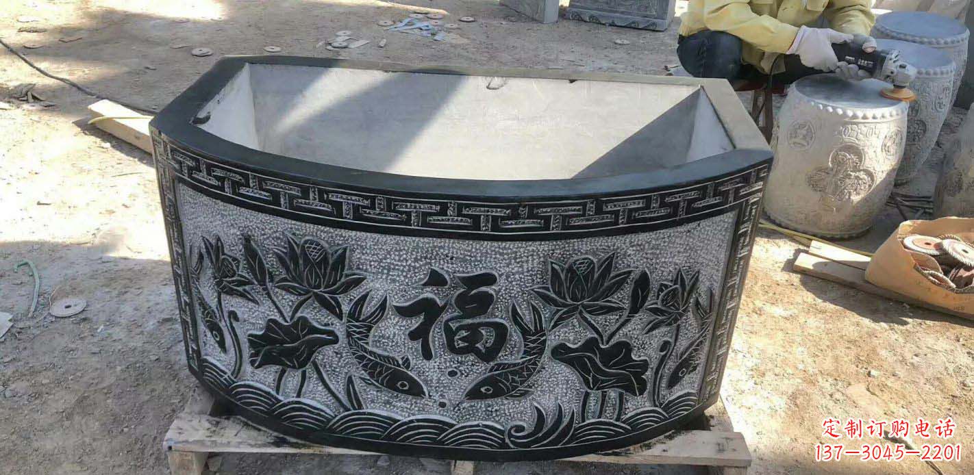 南阳方口石浮雕水缸