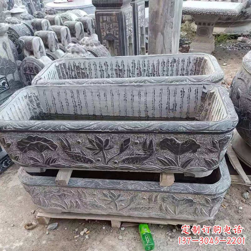 南阳方形石槽雕塑,打造完美家庭养鱼石缸