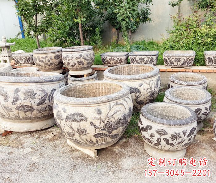 南阳仿古石雕鲤鱼浮雕水缸