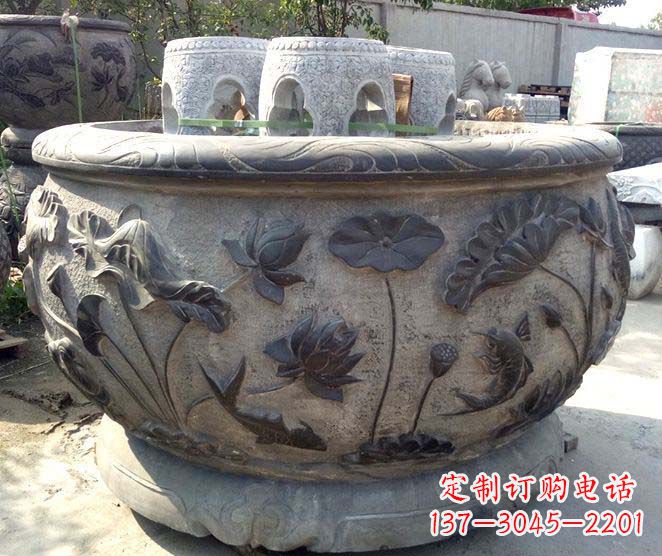 南阳精美仿古荷花鲤鱼浮雕石水缸