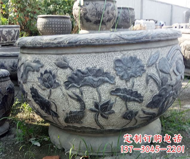 南阳中领雕塑仿古荷花石浮雕水缸