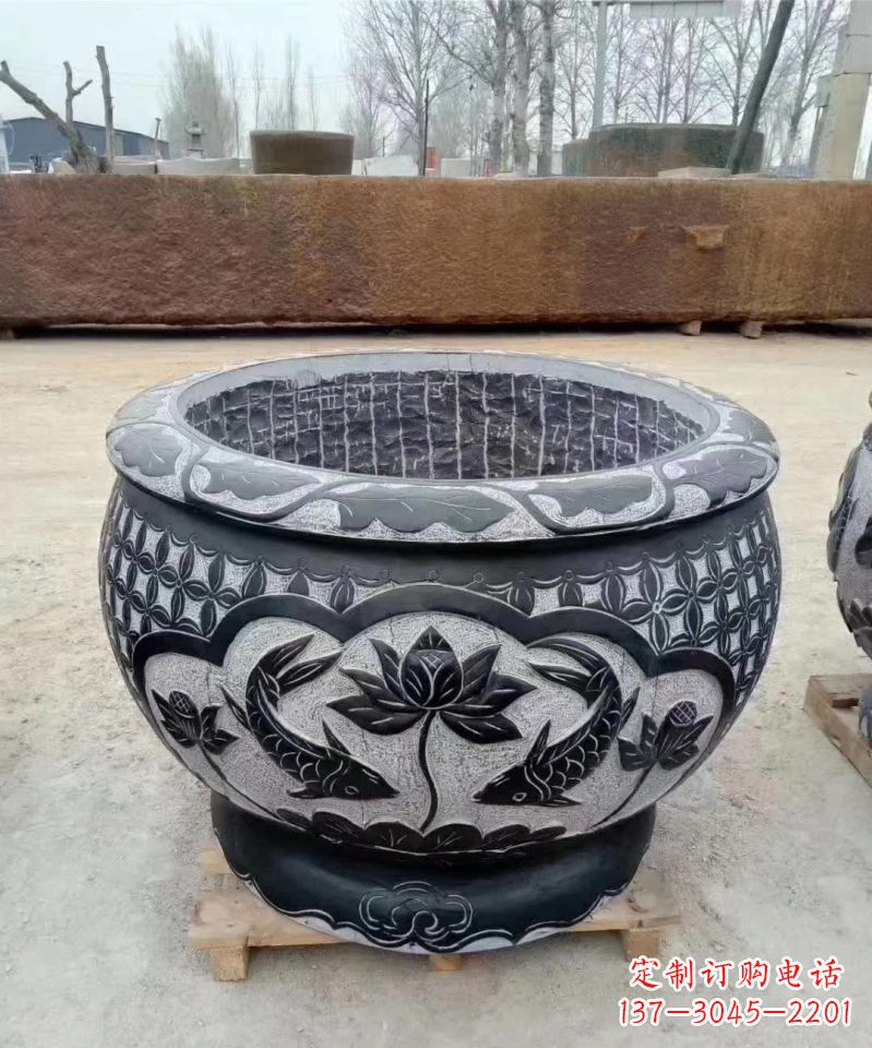 南阳仿古石雕荷花鲤鱼水缸