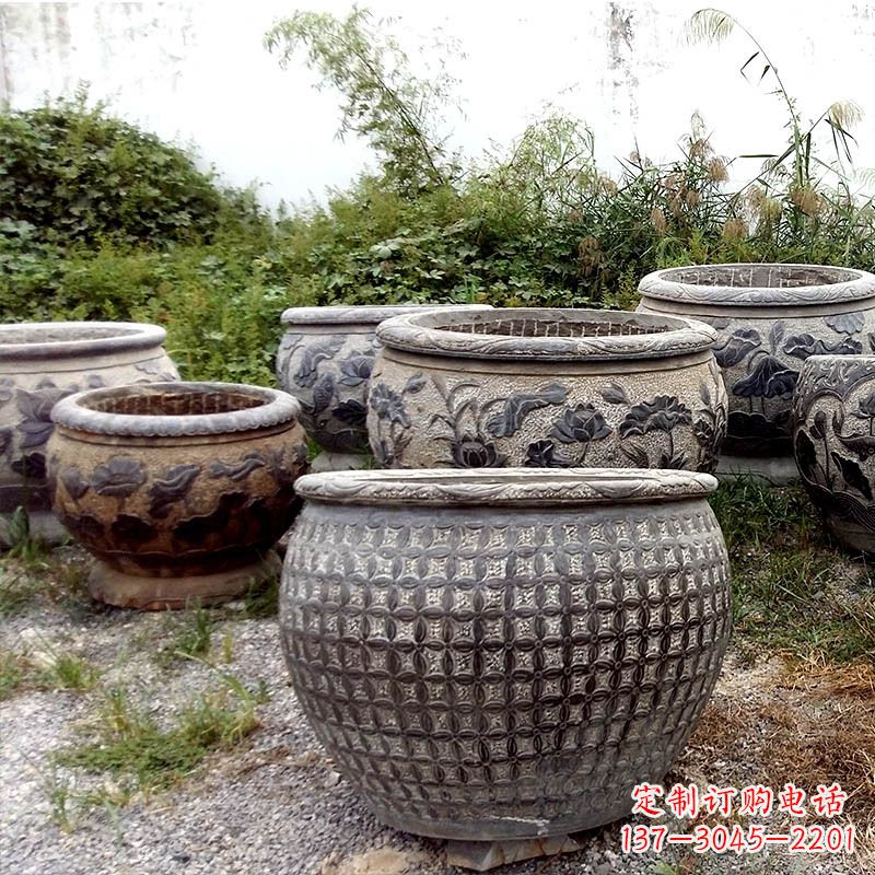南阳仿古石雕花盆水缸——精美艺术家品