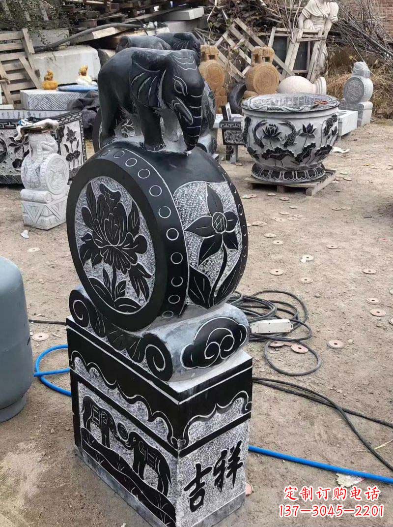 南阳传统工艺小象抱鼓石雕塑