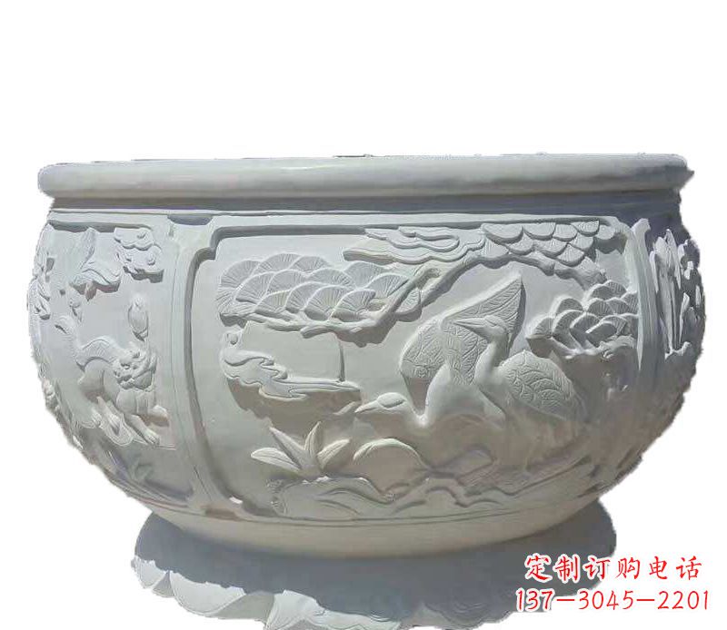 南阳仿古鱼缸石雕花盆摆件