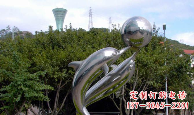 南阳高贵静谧的不锈钢海豚顶球雕塑