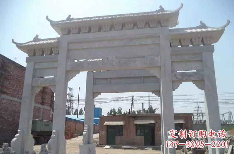 南阳公园汉白玉三门牌坊石雕