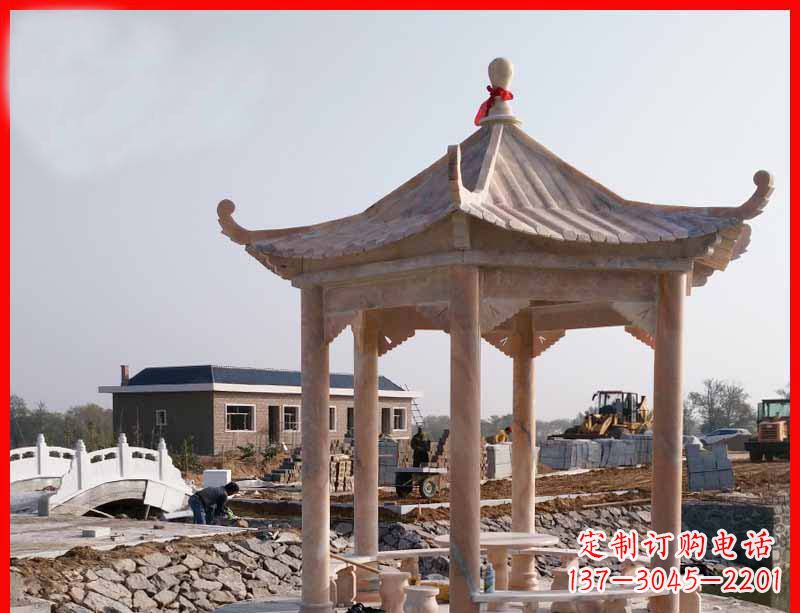 南阳公园晚霞红六角石雕凉亭 (2)