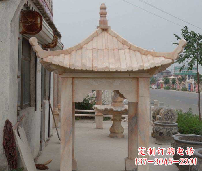 南阳公园晚霞红六角石雕凉亭 (4)
