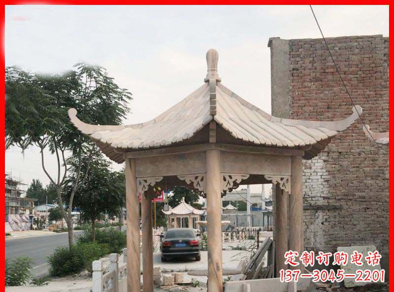 南阳公园晚霞红六角石雕凉亭 (5)