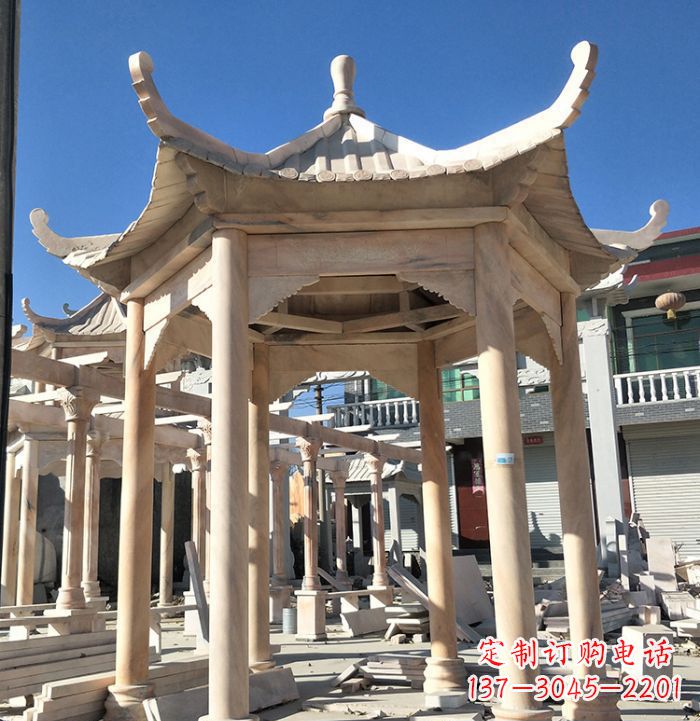 南阳公园晚霞红六角石雕凉亭 (7)