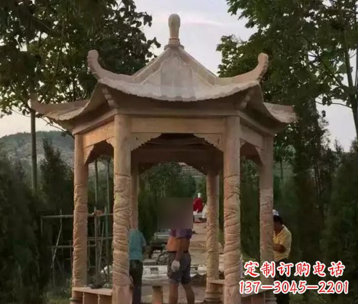 南阳公园晚霞红六角石雕凉亭 (9)