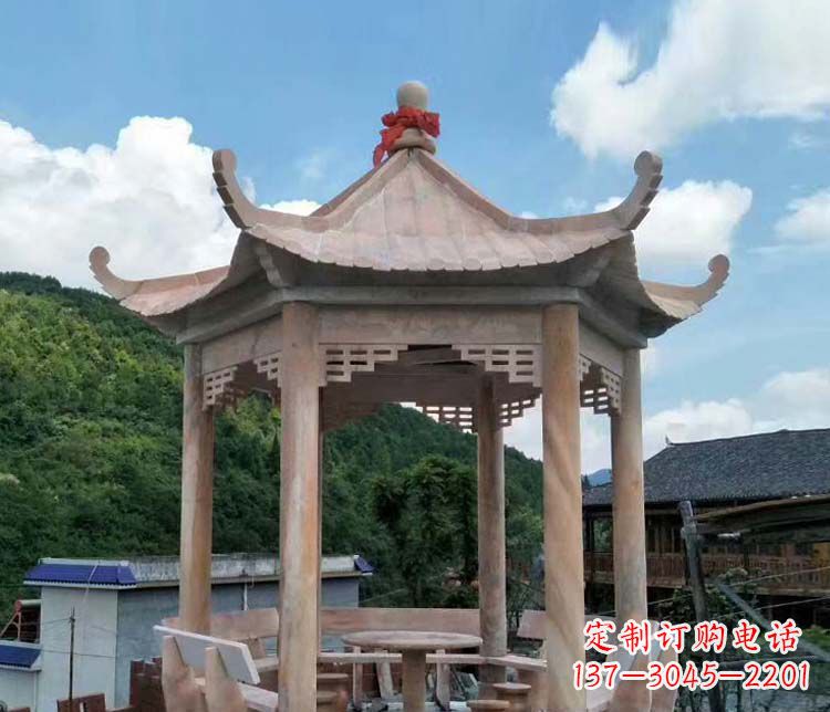 南阳公园晚霞红六角石雕凉亭 (10)