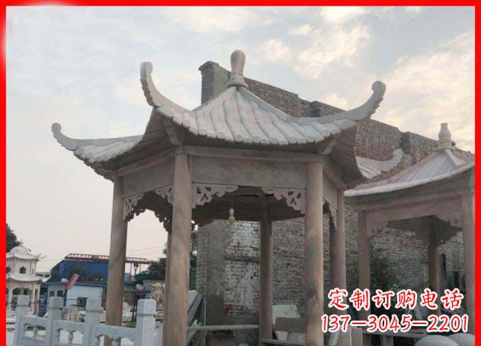 南阳公园晚霞红六角石雕凉亭