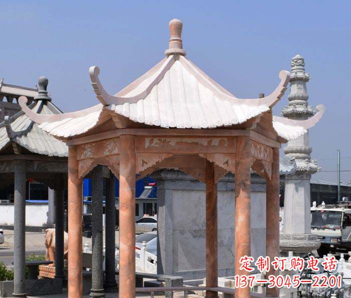 南阳公园晚霞红石雕凉亭