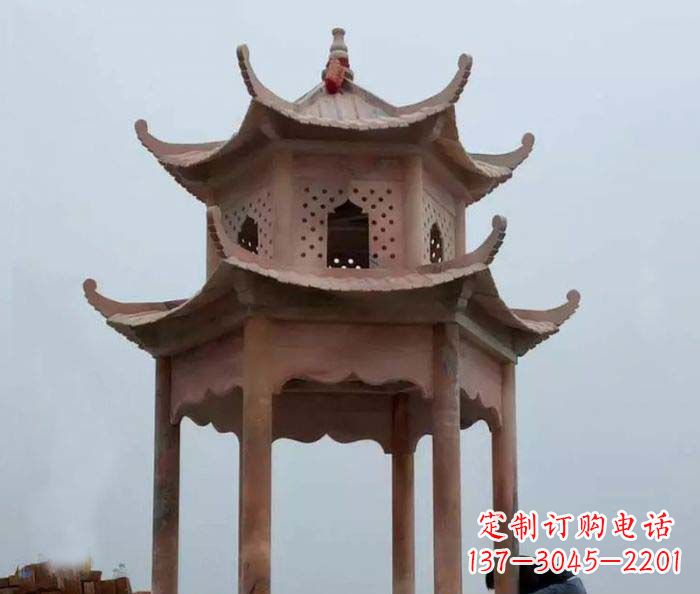 南阳公园晚霞红双层六角石雕凉亭
