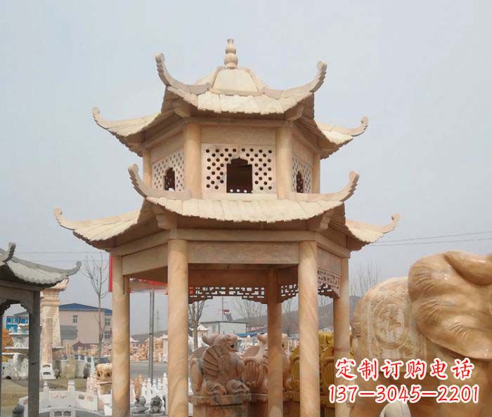 南阳公园晚霞红双层六角石雕凉亭 (2)