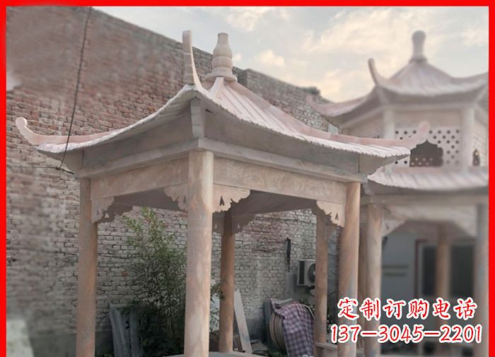 南阳公园晚霞红四角石雕凉亭 (2)