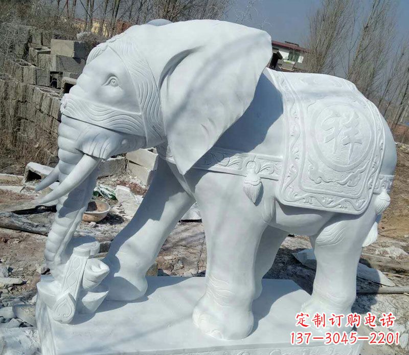 南阳汉白玉吉祥门口鼻卷如意大象石雕