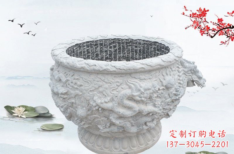 南阳汉白玉龙浮雕水缸