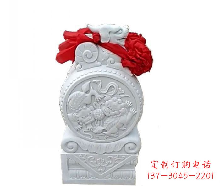 南阳汉白玉貔貅抱鼓石招财石门墩