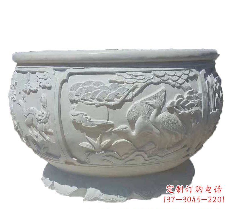 南阳汉白玉松鹤延年浮雕水缸,带给您无尽的岁月美景