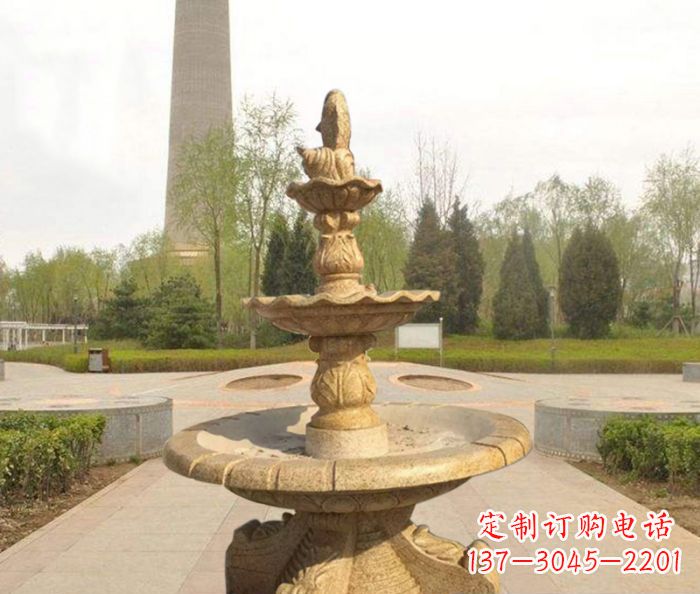 南阳黄锈石三层喷泉公园石雕