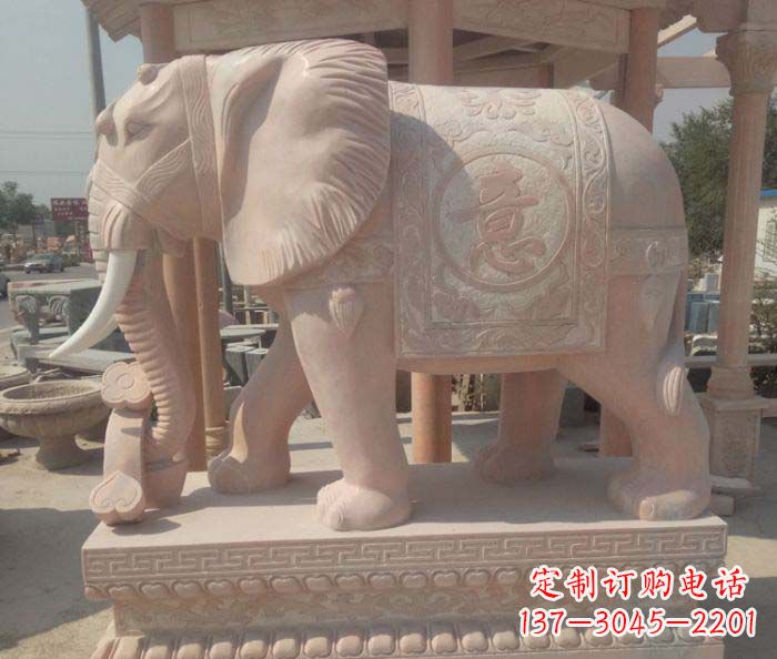 南阳传神雕刻,精美雕塑——吉祥如意大象晚霞红门口石雕