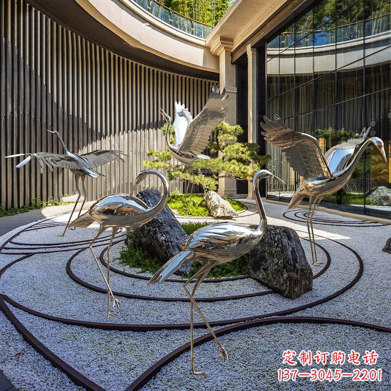 南阳镜面不锈钢仙鹤雕塑,别墅庭院室内动物装饰摆件