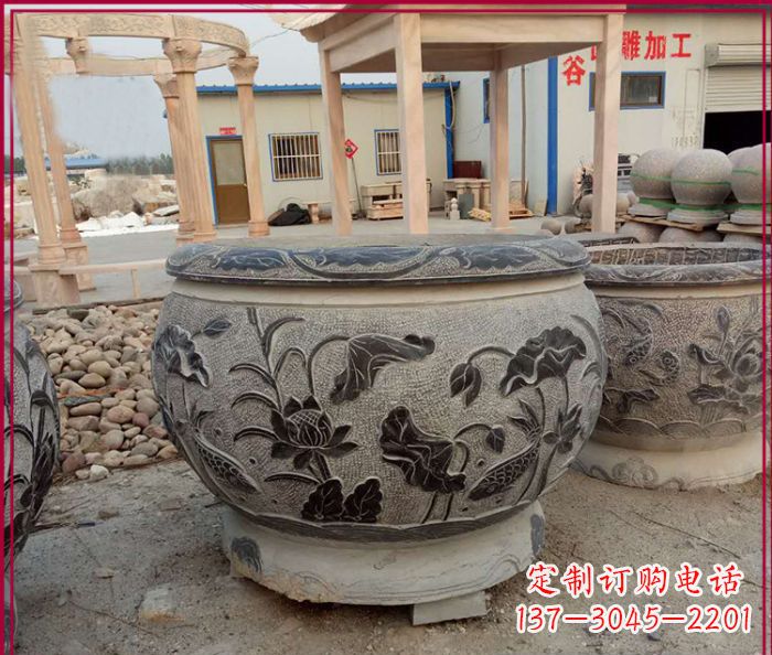 南阳连年有余石浮雕仿古圆水缸 (3)