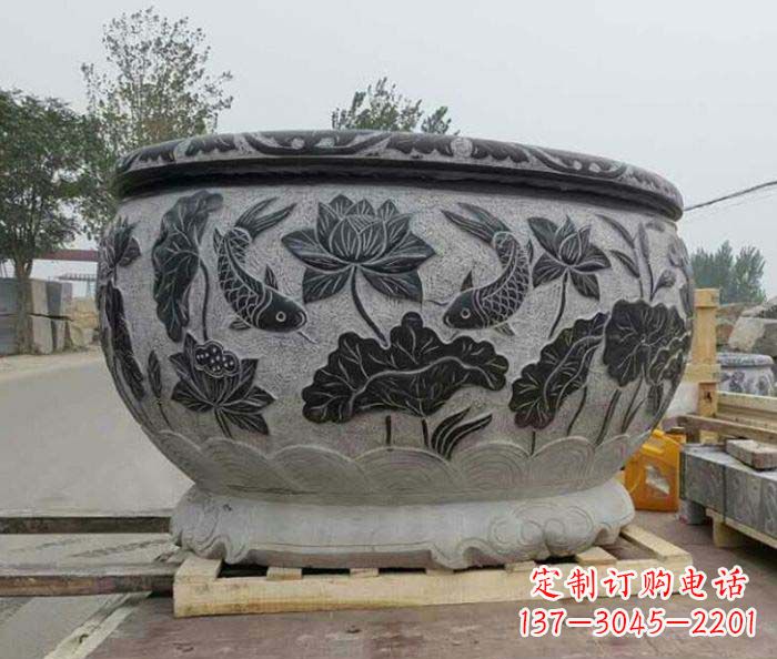 南阳连年有余石浮雕仿古圆水缸 (2)