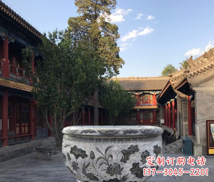 南阳连年有鱼石浮雕圆形荷花水缸