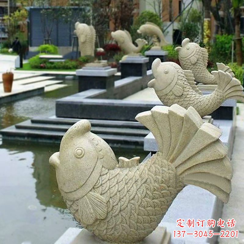 南阳喷水鱼砂岩石雕-园林水池水塘动物喷泉雕塑