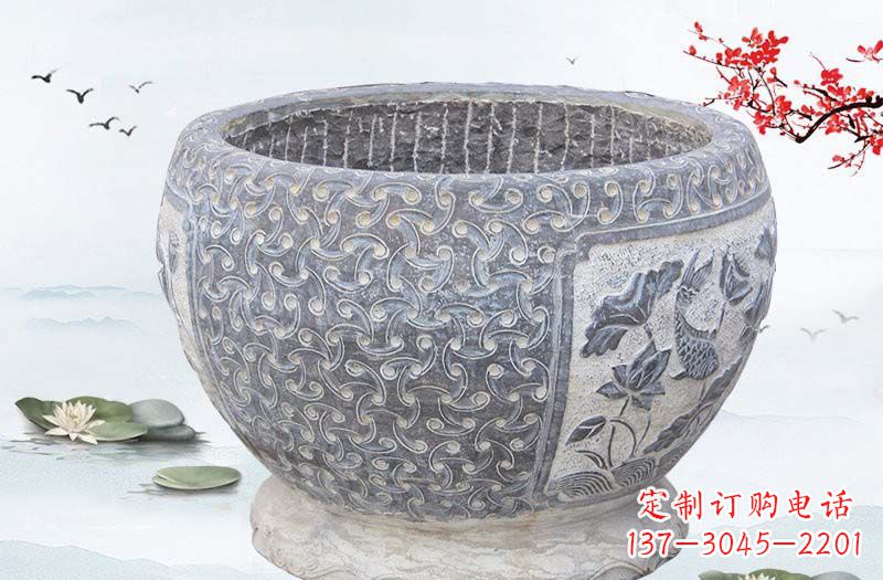 南阳青石仿古鲤鱼浮雕水缸,精致雕塑设计