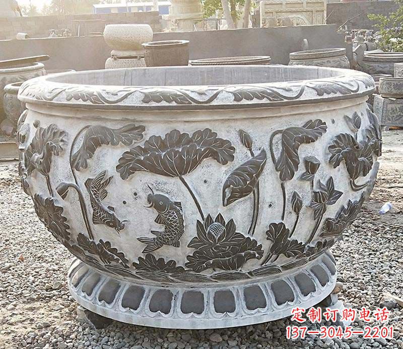 南阳青石荷花水缸雕塑
