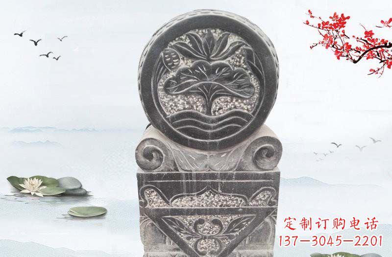 南阳青石连年有余浮雕石门墩