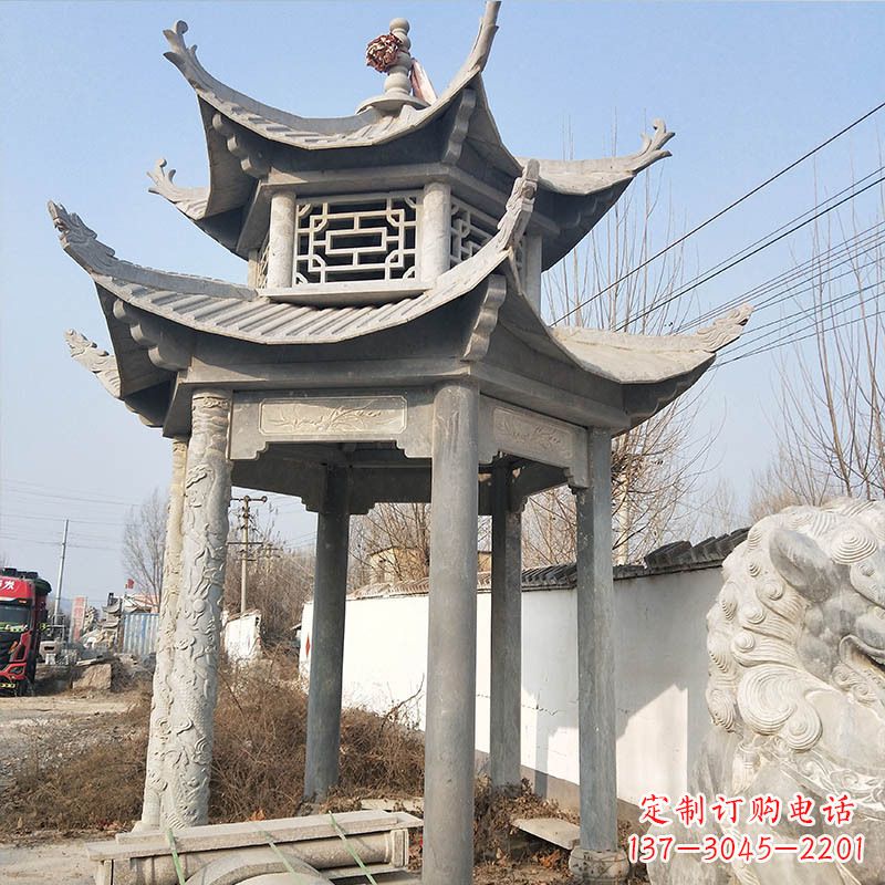 南阳典雅精美的青石六角石凉亭雕塑
