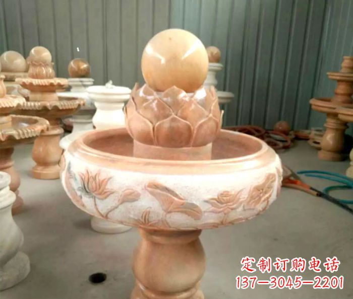 南阳石来运转晚霞红风水球喷泉石雕