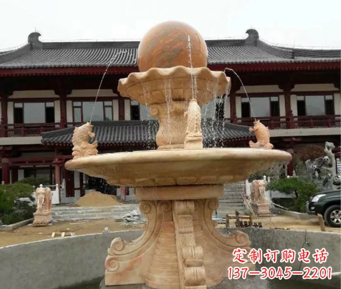 南阳双层风水球喷泉晚霞红石雕