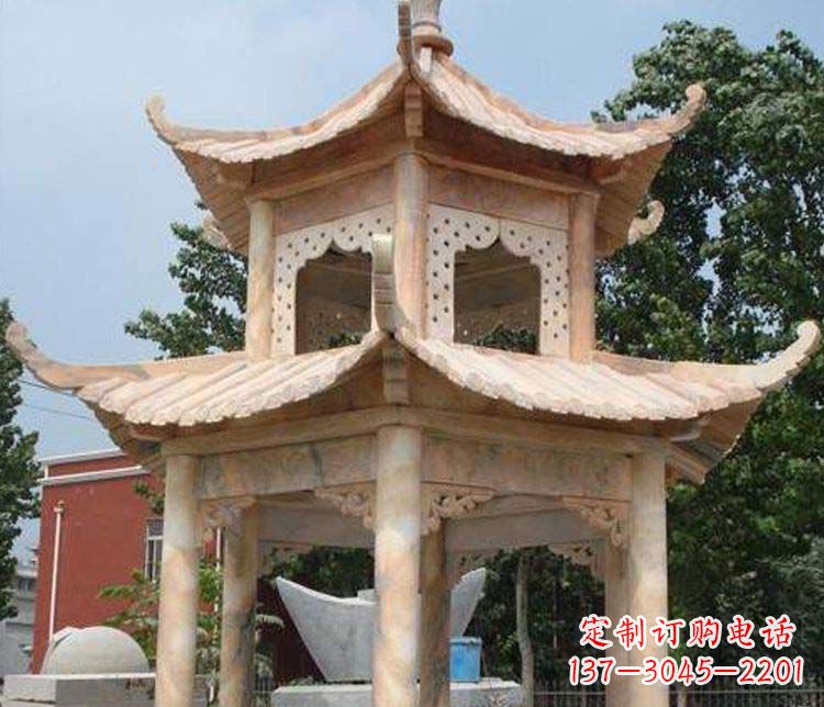 南阳双层晚霞红凉亭石雕