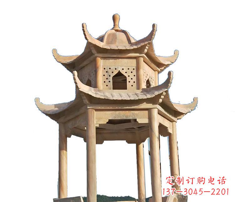 南阳双层晚霞红凉亭石雕 (2)