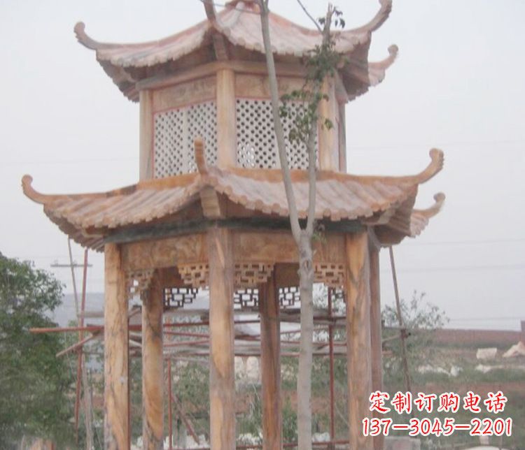 南阳双层晚霞红石凉亭石雕 (2)