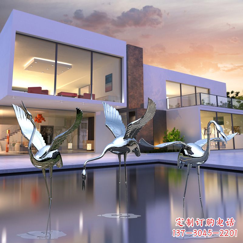 南阳水景仙鹤不锈钢镜面雕塑