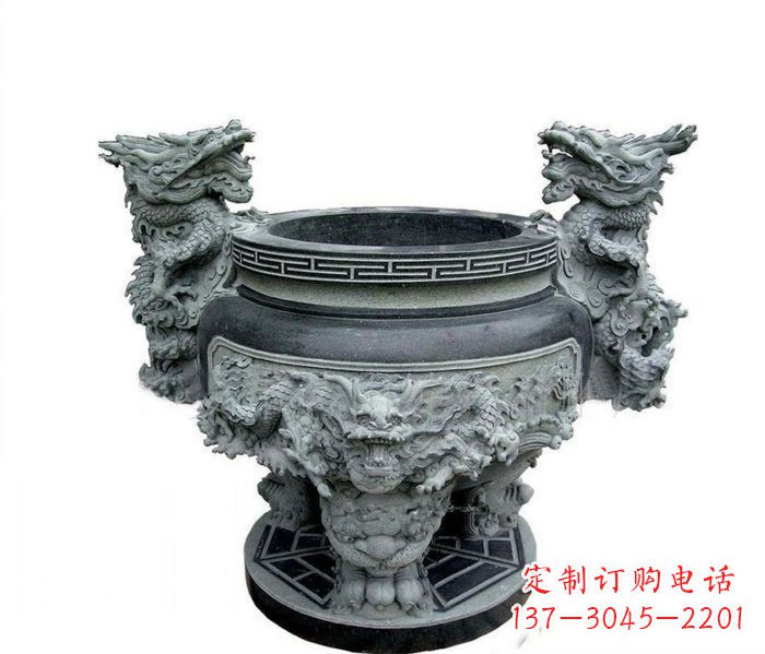 南阳寺庙景观龙头水缸石雕 (2)