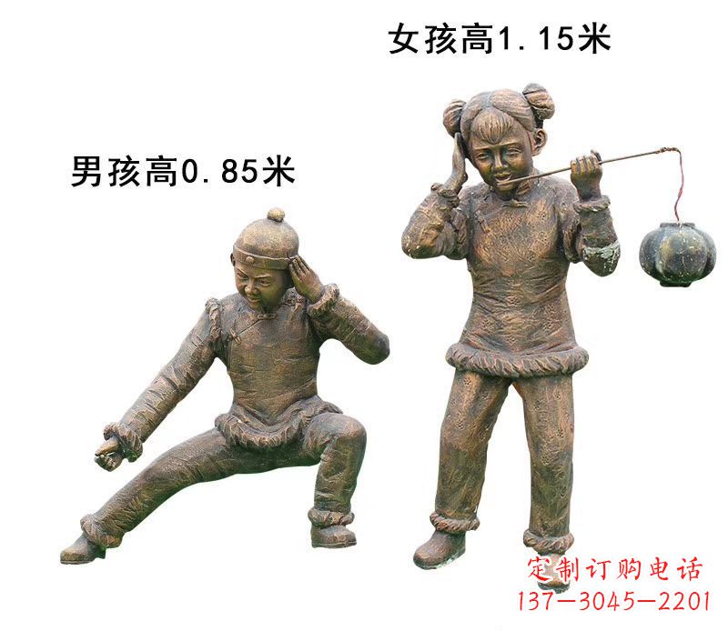 南阳铜雕放鞭炮的儿童童趣雕塑